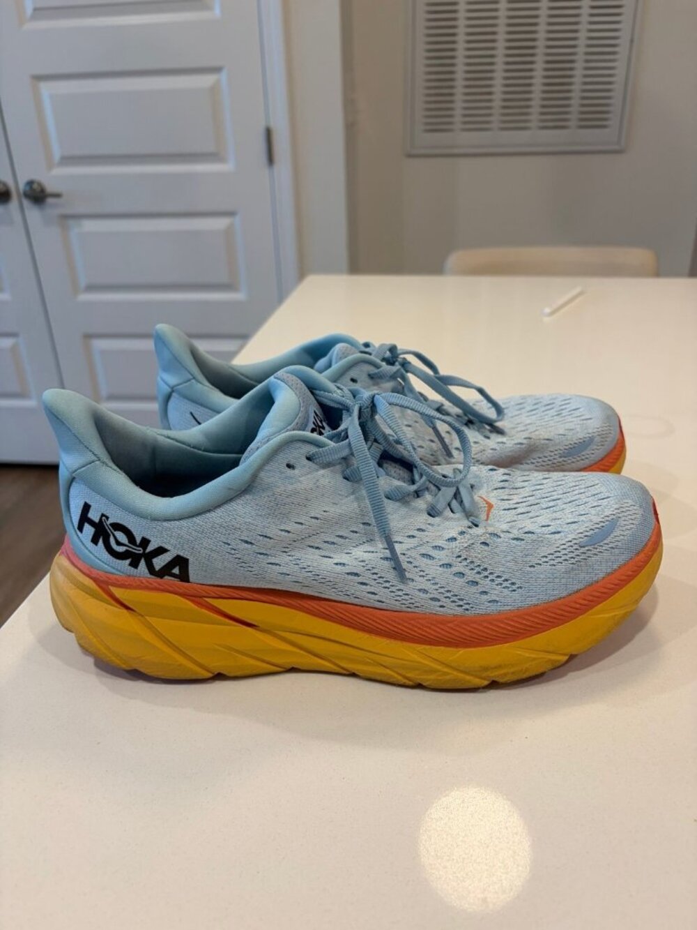 Hoka One one Clifton 8 mens Running Shoes Blue Orange size 9.5 D